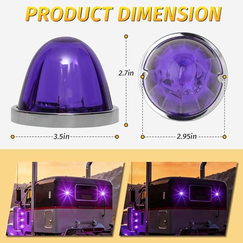Image of 6PCS Watermelon Lights Purple Strobe & Constant Multi-Function LED Side Marker Turn Signal Tail Roof Lights with Stainless Steel Bezel for Trailer Semi-trailer Heavy-duty Truck