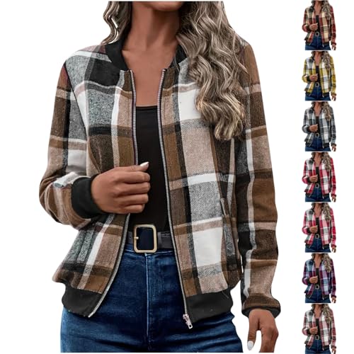 Womens Plaid Bomber Jacket Lightweight Zip Up Shackets Trendy Casual Outerwear Checkered Coats with Pockets - Main Image
