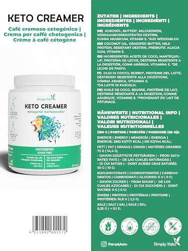 Simply Keto Keto Creamer Vorratsdose 450g - Ohne Zuckerzusatz ketogener Kaffeeweißer für leckeren Milchkaffee - Mit Kokosöl & Weidebutter - Ohne Zucker & Kohlenhydrate - Optimiert für Geschmack