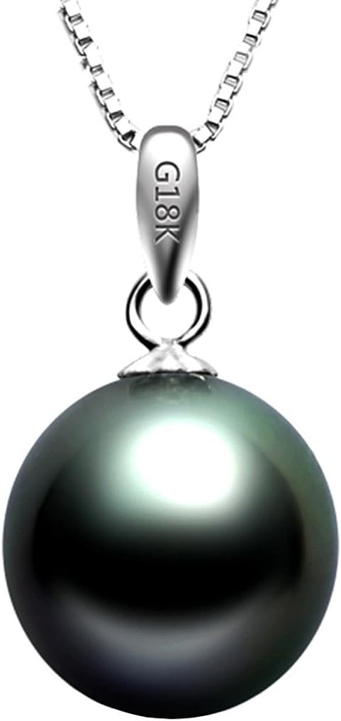 Round Cultured Tahitian Black Pearl 18K White Gold Pendant, 8-9MM