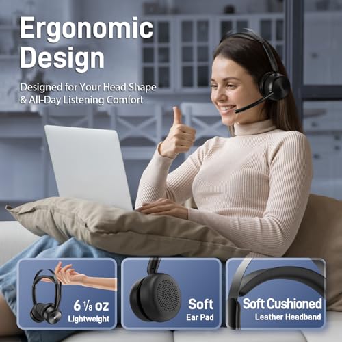 Image of EMEET Wireless Headset with Mic for Work, HS80 Bluetooth Headsets with Noise Canceling Microphone, 46 Hrs Work Time, Mute Button, 2.4G Wireless Dongle, Wireless Headphone for PC /Office /Call Center