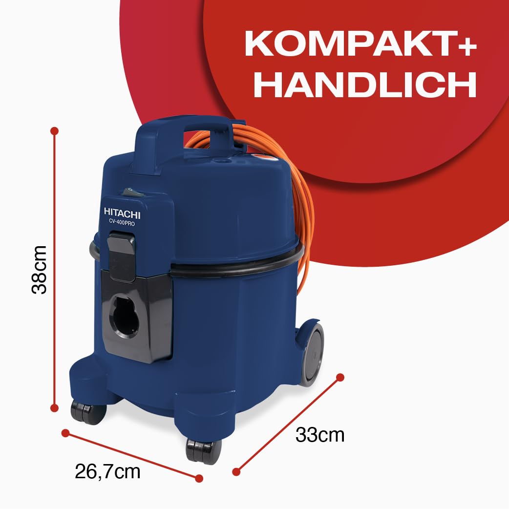 HITACHI Staubsauger CV-400 PRO mit HEPA Filter 7,5L, Beutellos - Profi Bodenstaubsauger 880W, leise 74 dB, 13m Radius, Teppichdüse & Zubehör, Gewerbesauger für Haushalt & Industrie (Dunkelblau)