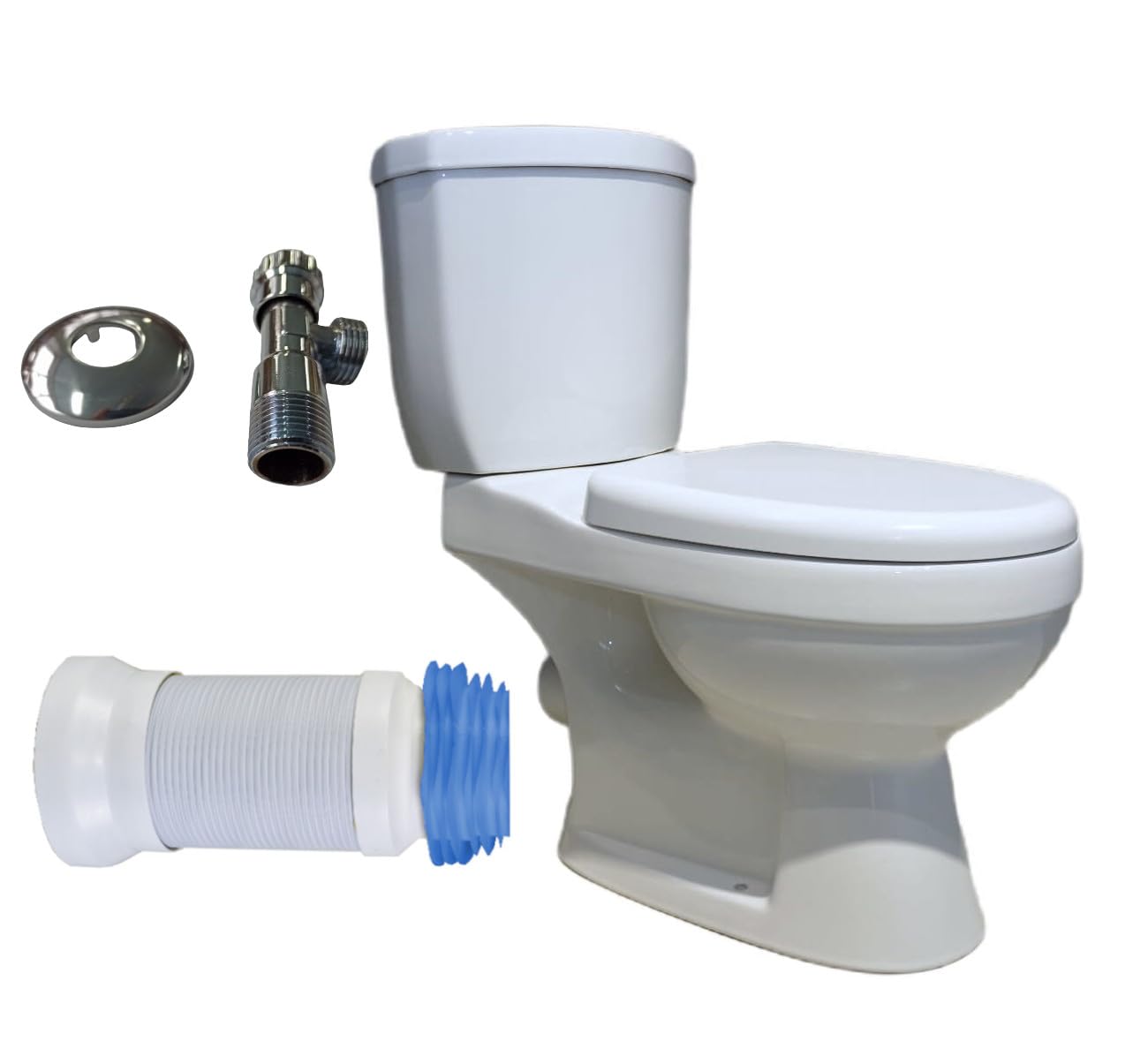 Juego compacto de inodoro: inodoro de cerámica sin bordes con asiento de cierre suave, salida universal, válvula de ángulo y conector flexible