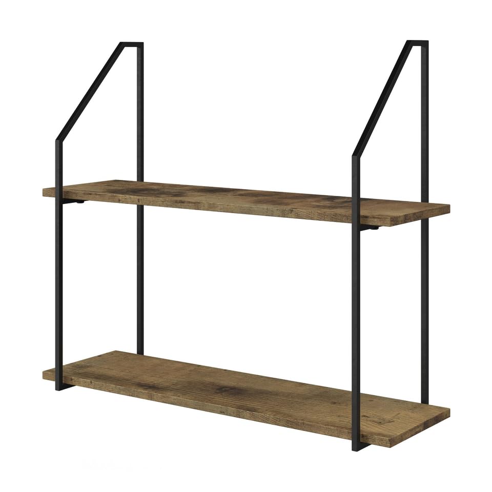 URBNLIVING Modern Geometric Wall-Mounted Shelf, Industrial Steel Frame Storage – Ancient Wood, 60×20×52 cm