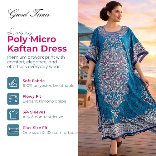 Image of Goood Times Plus Size Kaftan Long Maxi Kimono for Women, 52 inch Length, 3 /4 Sleeves, Caftan Nightgown for Women