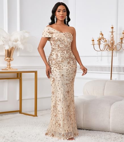 Image of Cololura Women Sexy Sequin One Shoulder Mermaid Formal Party Cocktail Gowns Bodycon Evening Maxi Dress