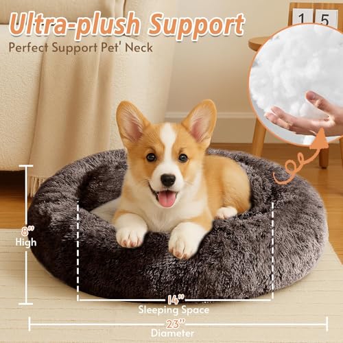 Image of JOLLYVOGUE Calming Dog Bed for Small Dogs - 23 inches Donut Washable Small Dog Bed for Kittens & Puppies, Anti-Slip Round Fluffy Plush Faux Fur Cat Beds (Fits up to 25 lbs Pets)
