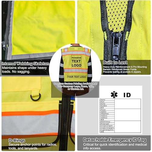 Image of High Vis Reflective Safety Vest for Men Women Zipper Ipad Pockets Mesh Construction Apparel Neon Vest for Work