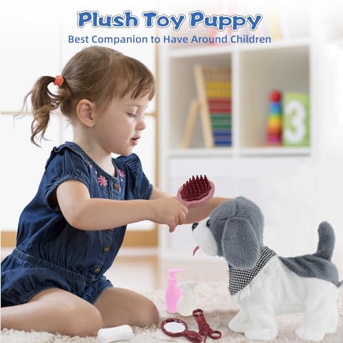 Arkyomi Hund Spielzeug Kinder,laufender Hund mit Leine der läuft und bellt,Haustiere roboterhund interaktives Spielzeug,Ferngesteuerter spielhund mit Schwanzwedeln und sprechender grau