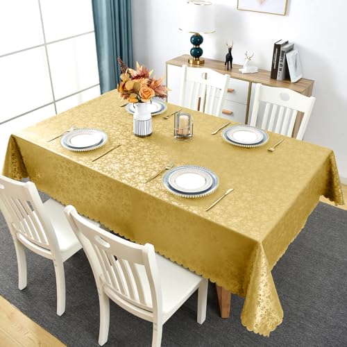 Softalker テーブルクロス クリスマス ゴールド 140×180cm 長方形 撥水 大判正月テーブルクロス-350g/u 厚手 防水・防汚・耐熱・防滑 お手入れ簡単 テーブルマット おしゃれ 北欧風 花柄 ?布 波型縁デザイン 家庭用/小カフェ/ク