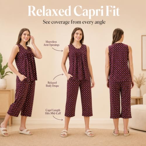 Image of AV2 Women's Cotton Printed Round Neck Sleeveless Night Suit Set | Capri Set | Casual Night Dress for Women