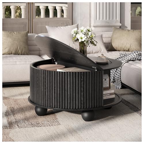 Image of JOINICE 31.5 inch Round Coffee Table with Storage,Unique Bun Feet,Black | Modern Center Table for Living Room,Hidden Storage,Fluted Sliding Door,Solid Wood Legs,Easy Assembly,Up to 110 lbs