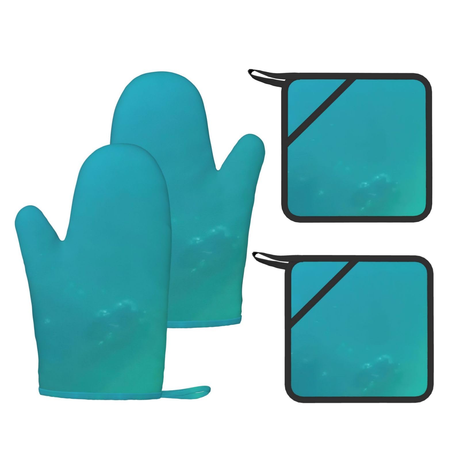 Sea Printed Cooking Mitts and Pot Holders 4 Pcs, Heat Resistant Oven Gloves with Hanging Loop Chef