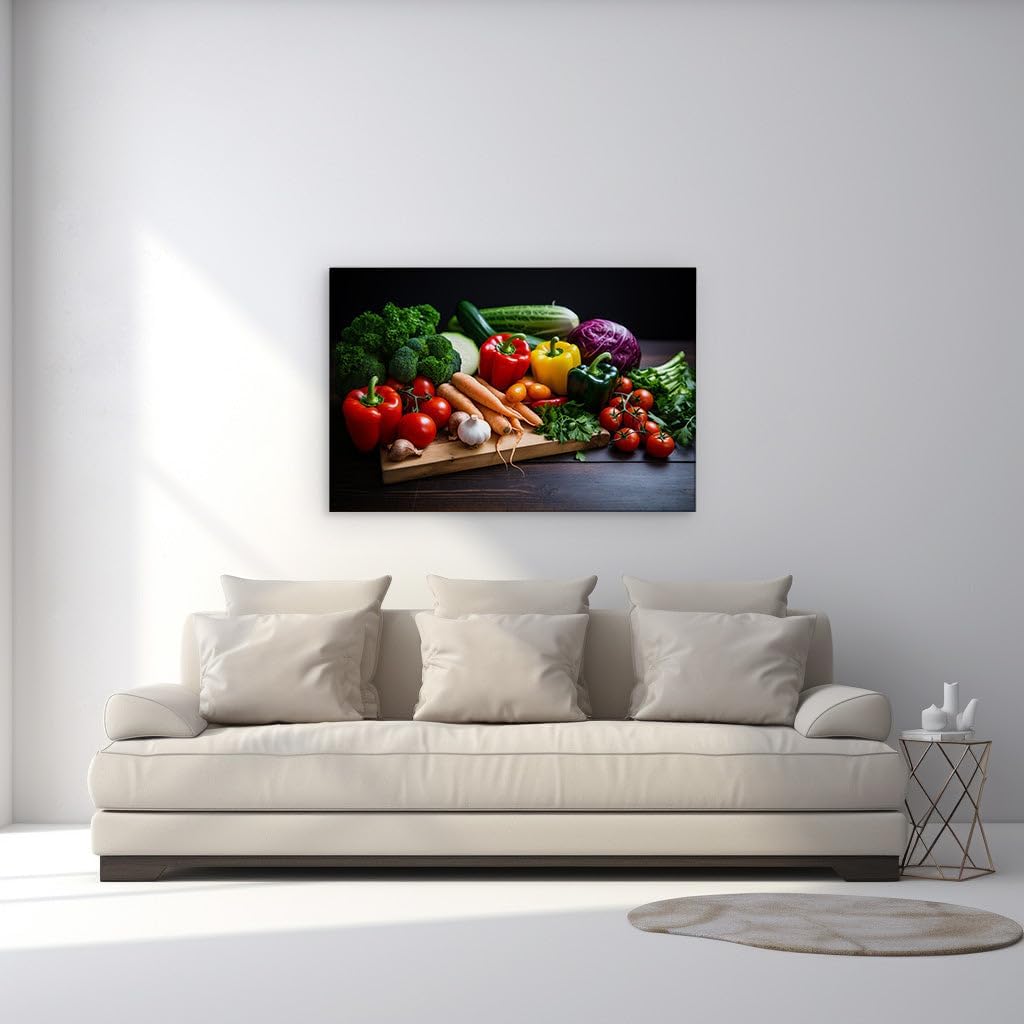 Canvas for Living room. A Bounty of Freshness: An Artful Array of Vegetables on a Rustic Wooden Table, 27 x 18 inch Canvas Wall Art - Ready to Hang
