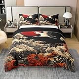 Homewish Japanischer Stil Baumwollbettwäsche 155x220 Japanische Ukiyo-e Wellen Kranich Bettbezug Ästhetik Romantisch Mandschurenkranich Bettwäsche Rote Sonne Jungen Mädchen Bedding Wohndekor 2 Teilig