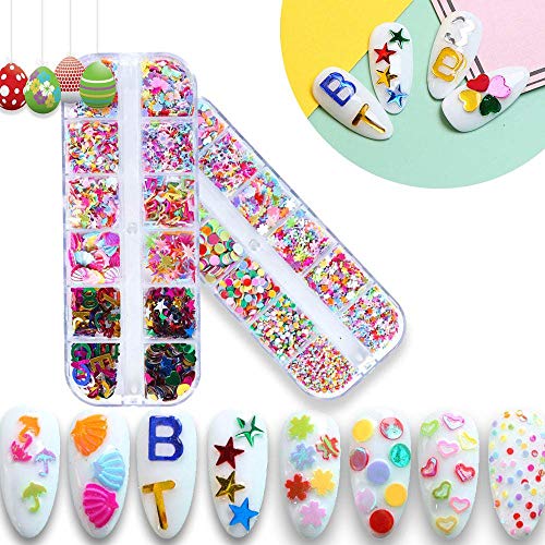 Nail Art Decals Sequins Nail Accessories Decorations Nail for Women Girls Holographic Glitter 3D Nail Art Supplies Shell Star Alphabet Summer Nail Art 2 Box