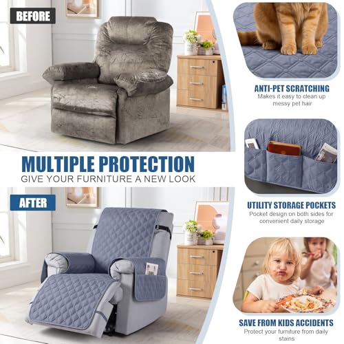 Image of TAOCOCO Recliner Sofa Covers, 100% Waterproof Recliner Covers with Leg Straps, Reversible Recliner Couch Cover for Reclining Chair, Washable Couch Protector for Pets Kids(1 Seater 22 inch, Bluish Gray)