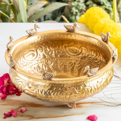 Image of INDIAN ART VILLA Brass Duck and Lotus Flower Embossed Design Urli, Ideal for Floating Candles, Flowers, Water, Home Decor, Spiritual & Festive Use, Symbolic Brass Decorative Centerpiece, 8 Inches