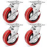 Nefish 6 Inch Industrial Grade Casters Wheels, Heavy Duty Polyurethane Casters Set of 4 with Dual Ball Bearing, Solid Polyurethane Wheel 4500 Lb, Plate Swivel Casters for Cart, Industrial, Machine