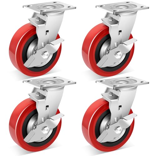 Nefish 6 Inch Industrial Grade Casters Wheels, Heavy Duty Polyurethane Casters Set of 4 with Dual Ball Bearing, Solid Polyurethane Wheel 4500 Lb, Plate Swivel Casters for Cart, Industrial, Machine