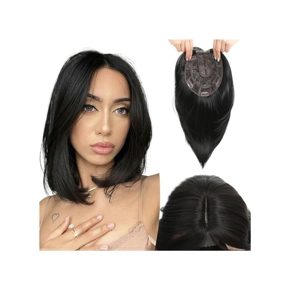 xiuling4568 Hair Topper for Women Short Bob with Bangs, Synthetic Wig for Thinning Hair Hairs Extensions(Natural Black)