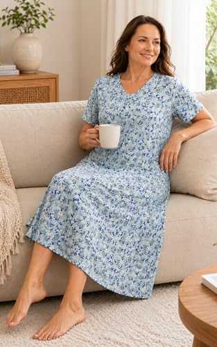 Image of Kabento Nightgowns for Women Cotton Short Sleeve Long Night Gowns with Pockets