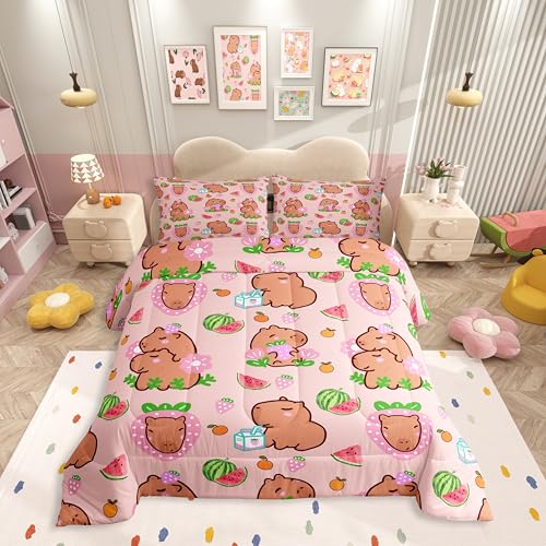 Capybara Lover Bedding Set, Capybara Decor Comforter Set Twin For Kids Girls Bedroom, Cartoon Rodent Animals Quilted Duvet Capybara Decorations Watermelon Strawberry Duvet Insert Kawaii Decor, Pink