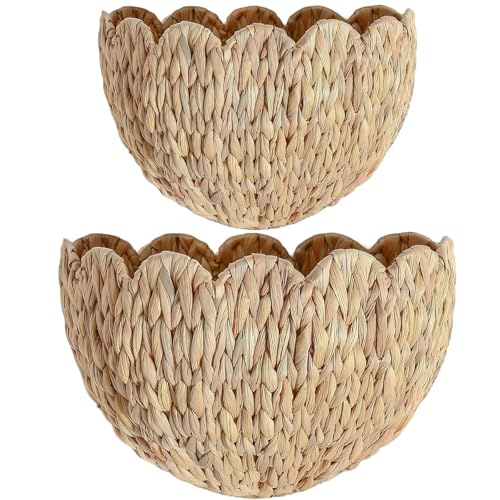 Scalloped Hanging Wicker Baskets for Wall, Scalloped Home Decor, Hanging Woven Rattan Basket for Flowers Front Door Bathroom Storage (Water Hyacinth-Set of 2)