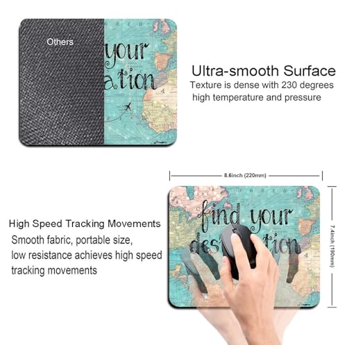 Image of Mouse Pad Find Your Destination Travel Quote, Premium-Textured Custom Mouse Mat Design, Washable Mousepad Non-Slip Rubber Base Computer Mouse Pads for Wireless Mouse