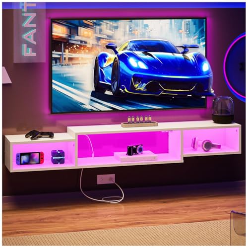 El Mejor Listado de Centro de Entretenimiento Con Repisas los 5 mejores. 47 Simple Wisdom Mueble Flotante para TV 70' con Luces LED - Centro de Entretenimiento Moderno | 3 Espacios Abiertos | Enchufe Americano | Sencillo y Ahorra Espacio(Blanco)