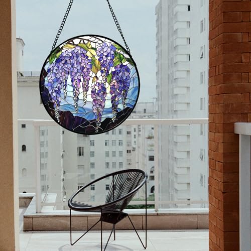 Stained Glass Window Hanging, Wisteria Flower Sun Catcher for Door Home Decor Purple and Blue Suncatcher Christmas Mother's Day Birthday Gifts for Women Men Mom and Nana 15 in2