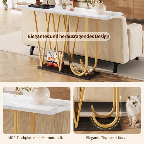 Table à manger étroite 120 x 29,5 cm avec aspect marbre, table de cuisine peu encombrante pour couloir, balcon, pieds en métal doré et plateau de fond noir, blanc/doré