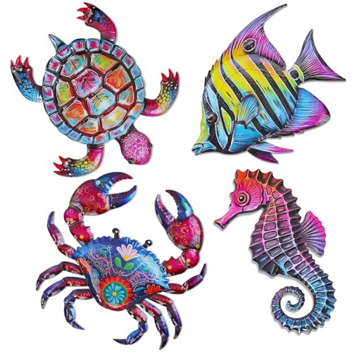 FaloStwer Metal Beach Wall Decor Art, 3D Colorful Sea Turtle Fish Crab and Seahorse Outdoor Sculptures, Ocean Themed Outside Decor for Patio Pool Bathroom Yard Farmhouse Fence Deck (Beach, Purple)