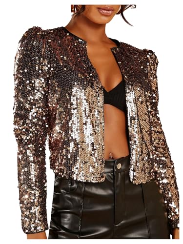SweatyRocks Womens Sequin Jackets 2025 Fall Glitter Shiny Party Sparkly Bomber Jacket Bronze S