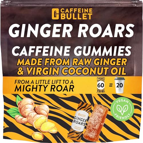 Image of Ginger Roars - 120 Caffeine Gummies - Plant Based Caffeine Chews Each 33mg Caffeine, Made from Root Ginger with a Natural Fiery Kick for Improved Energy for Running, Cycling, preworkout & Focus.