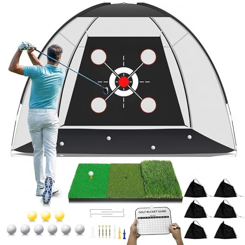 SAUS - Golf Net with Practice Mat,10x7FT for Backyard Driving Chipping Training Swing with Target Mat Balls for Outdoor Indoor, Gift for Men, Women, Golf Lovers