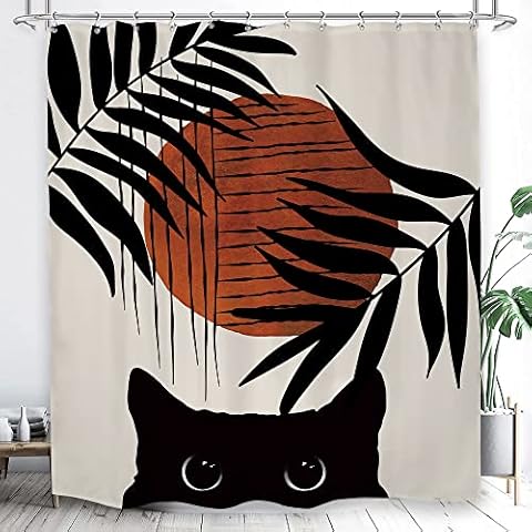 LGhtyro Cute Black Cat Shower Curtain, Mid Century Modern Shower Curtain Set, Abstract Boho Plant Bath Curtains, Aesthetic Terracotta Sun Bathroom Accessories, Novelty Rustic Art Home Decor 60Wx71H Cover
