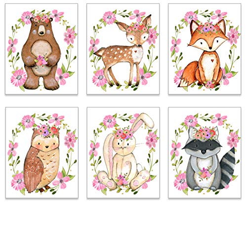 Image of Girl Nursery Decor - Baby Girl Room - Kids Wall Art - Woodland Animal Pictures - Cute Playroom Posters - Forest Animals - Set of 6-8x10 - UNFRAMED (Woodland Animals over Flower Wreath)