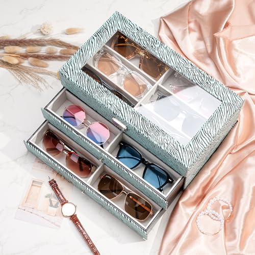 Image of ProCase 3-layer Sunglasses Storage Organizer, 18 Slots Leather Sunglass Box Multiple Pairs Eyeglass Cases Eye Glass Eyewear Display Holder for Men Women -Stripe