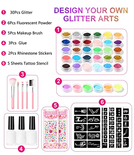 Temporary Glitter Tattoo Kit For Kids,30 Body Glitter,3 Glitter Glue,5 Sheets Tattoos Stencil,5 Pcs Makeup Brush,6 Fluorescent Powder,Rhinestone Stickers Perfect For Makeup,Holiday,Party,Nail Art #TOP1
