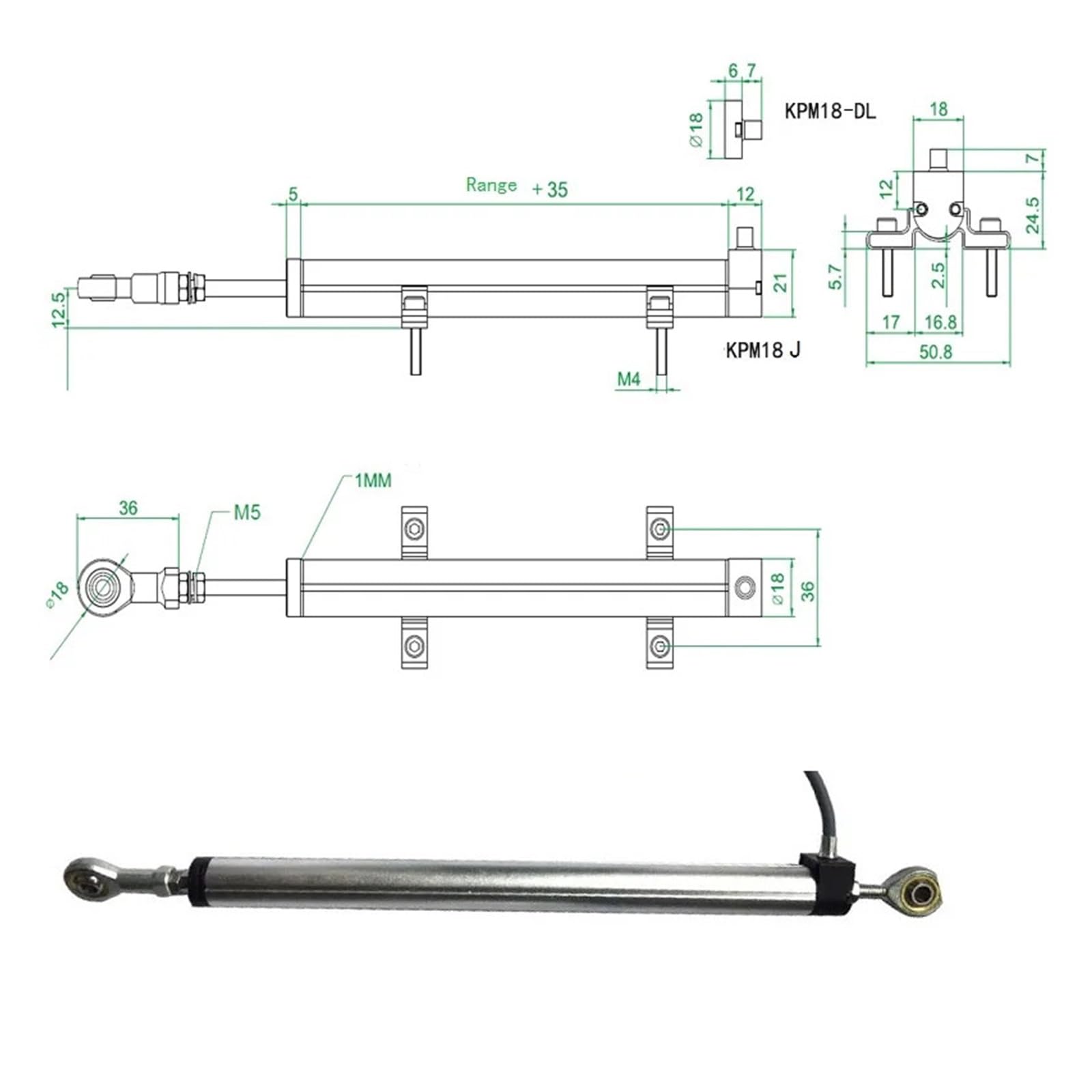 Linearer Positionssensor KPM18J 25–300 mm linearer Potentiometer Wegaufnehmer Wegsensor mit zweiseitigem Kugelgelenk (Color : 75mm)