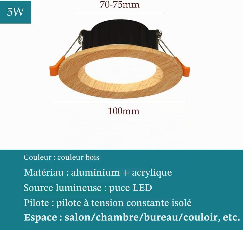 Lot de 6 plafonniers LED encastrables couleur bois for couloir, allée, plafonnier encastrable en aluminium, 5 W, 7, kits d'éclairage for éclairage commercial(5W,Warm light)