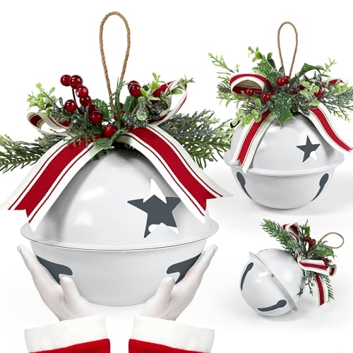 Large Jingle Bells 9'' 6'' 4'' [2023], Jumbo Sleigh Bells Set of 3 Giant Hanging Ornaments for Mantle, Garlands, Wreath as a Christmas Home Decorations