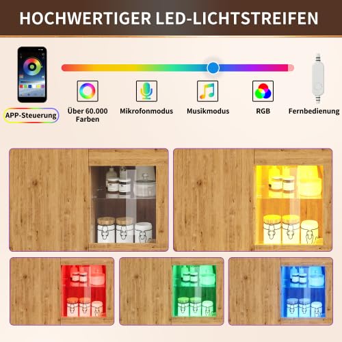 STAPERFO Isola cucina con tavolo estraibile, armadio da cucina multifunzionale con illuminazione a LED e controllo app, effetto rovere, spazio di archiviazione, cassetti, porta in vetro, 122
