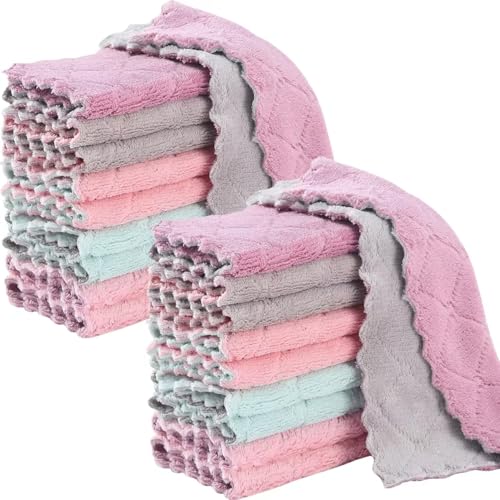 Image of 20 Pack Kitchen Dish Cloths Dish Towels, Super Soft and Absorbent Coral Fleece Cloth, Coral Velvet Microfiber Cleaning Cloth, Nonstick Oil Washable Fast Drying Dish Rags for Clean Table, Dish, Glass.