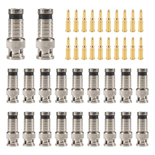 Xiniy Conector de CompresióN BNC de 20 Piezas, Acoplador de 75 Ohmios con Clavija de Cobre para RG58-59 Engarzador Cable Coaxial de ExtensióN de Enchufe de Video