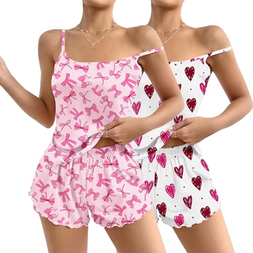 Image of Ekouaer 2 Pack Womens Cami Pajama Sets Cute Print Tank Top Pjs and Shorts Camisole Lounge Set