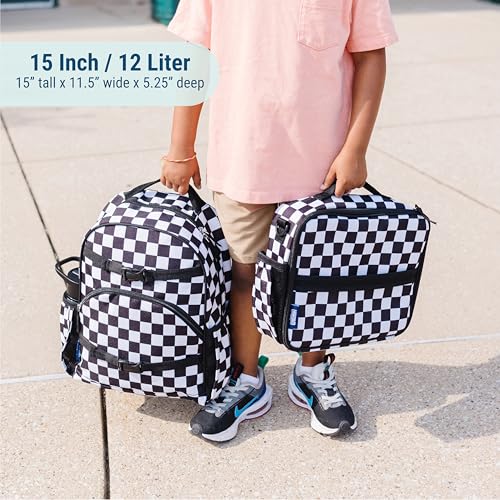 Image of Wildkin Kids Backpack for Boys & Girls, ECO rPET Recycled Lightweight 15 inch Bookbag with Padded Straps - Ideal for Preschool, Kindergarten, School & Travel, Ages 4-6 - Black and White Checkered