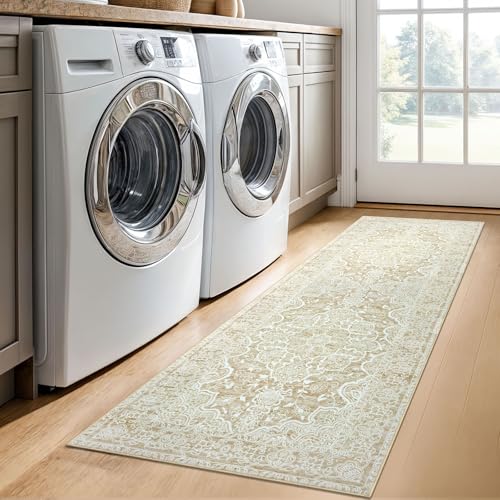 KUTA Runners for Hallways 2x6 Beige Yellow, Vintage Floral Kitchen Rugs Non-Slip Washable Runner Ultra Soft Printed Retro Distressed Entryway Carpet for Bedroom Laundry Nursery