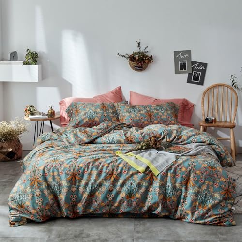 VM VOUGEMARKET Green Flower Duvet Cover Set Twin,Aesthetic Boho Bedding Set Percale Cotton Royal Floral Comforter Cover with Zipper Closure